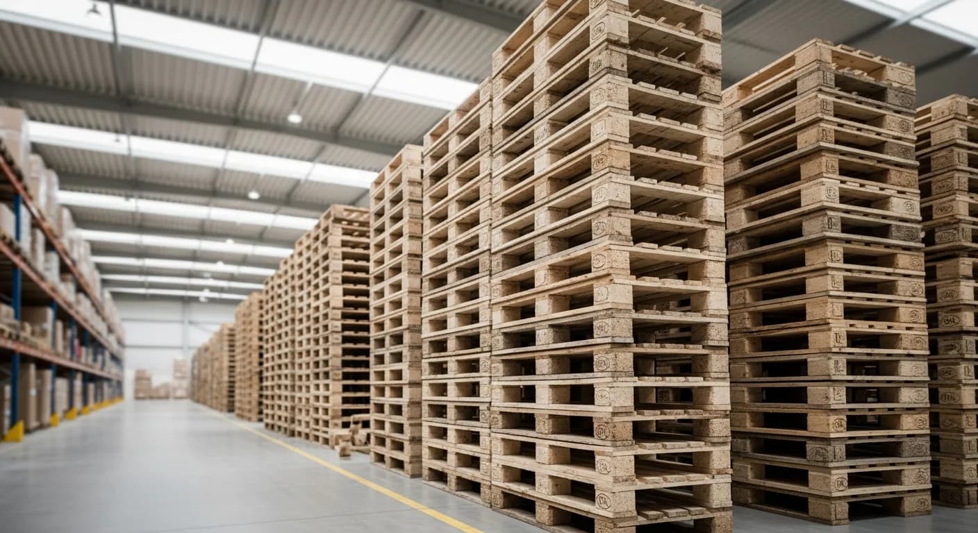 Palettes Europe EPAL empilées dans un entrepôt logistique moderne