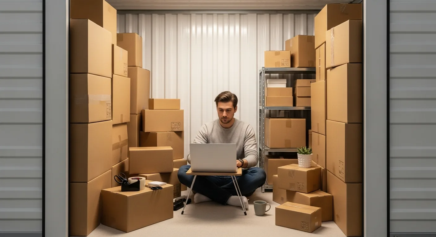 Jeune e-commerçant préparant des colis dans un petit espace de stockage rempli de cartons