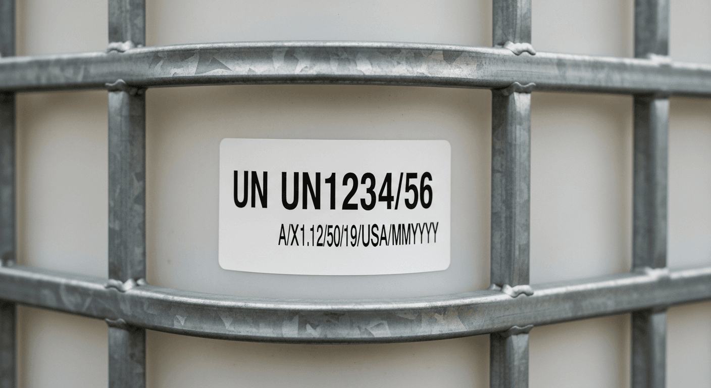 Marquage UN sur un IBC composite : détail de l'étiquette d'homologation