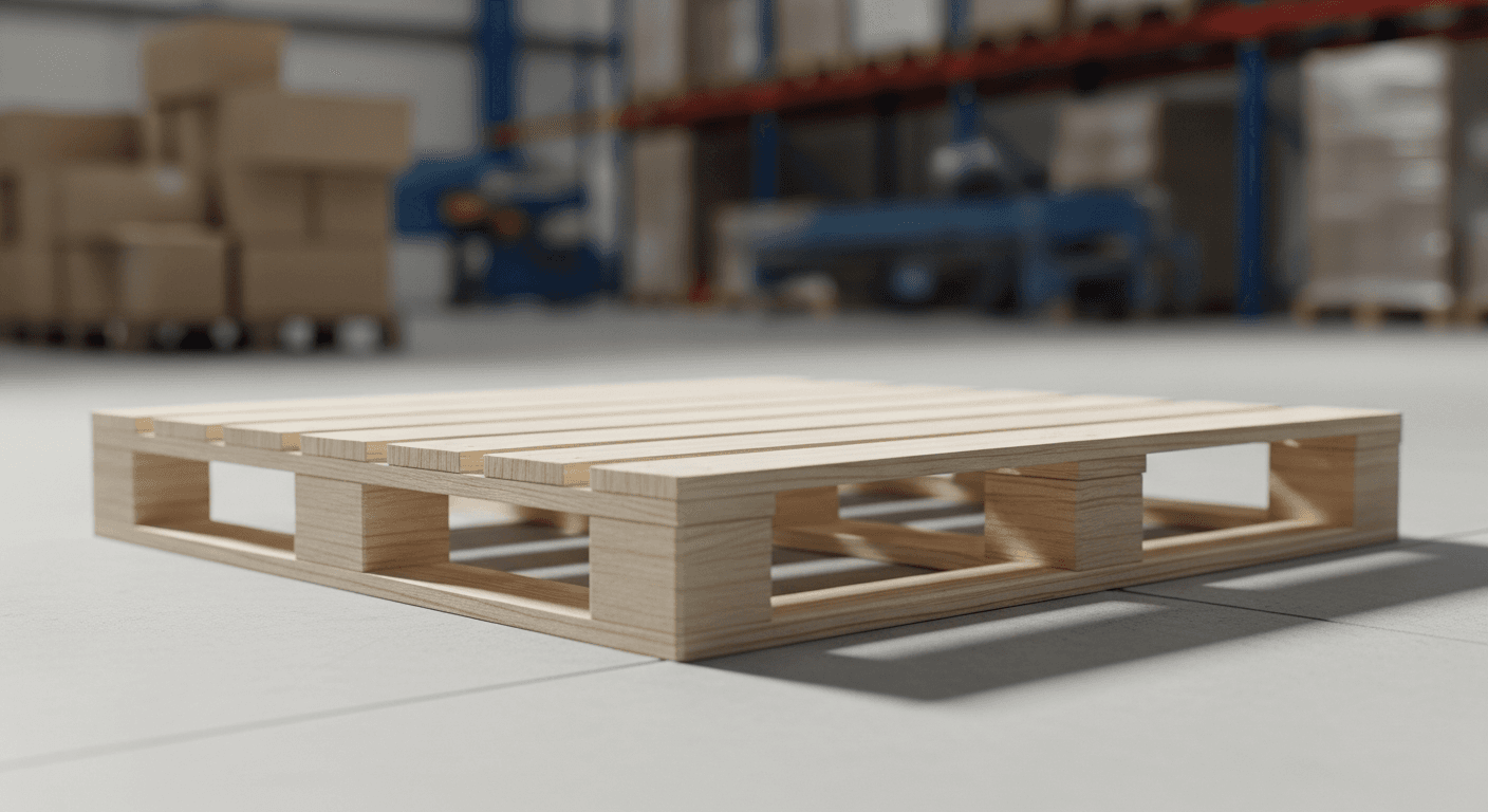 Palette perdue en bois clair posée sur sol d'entrepôt logistique